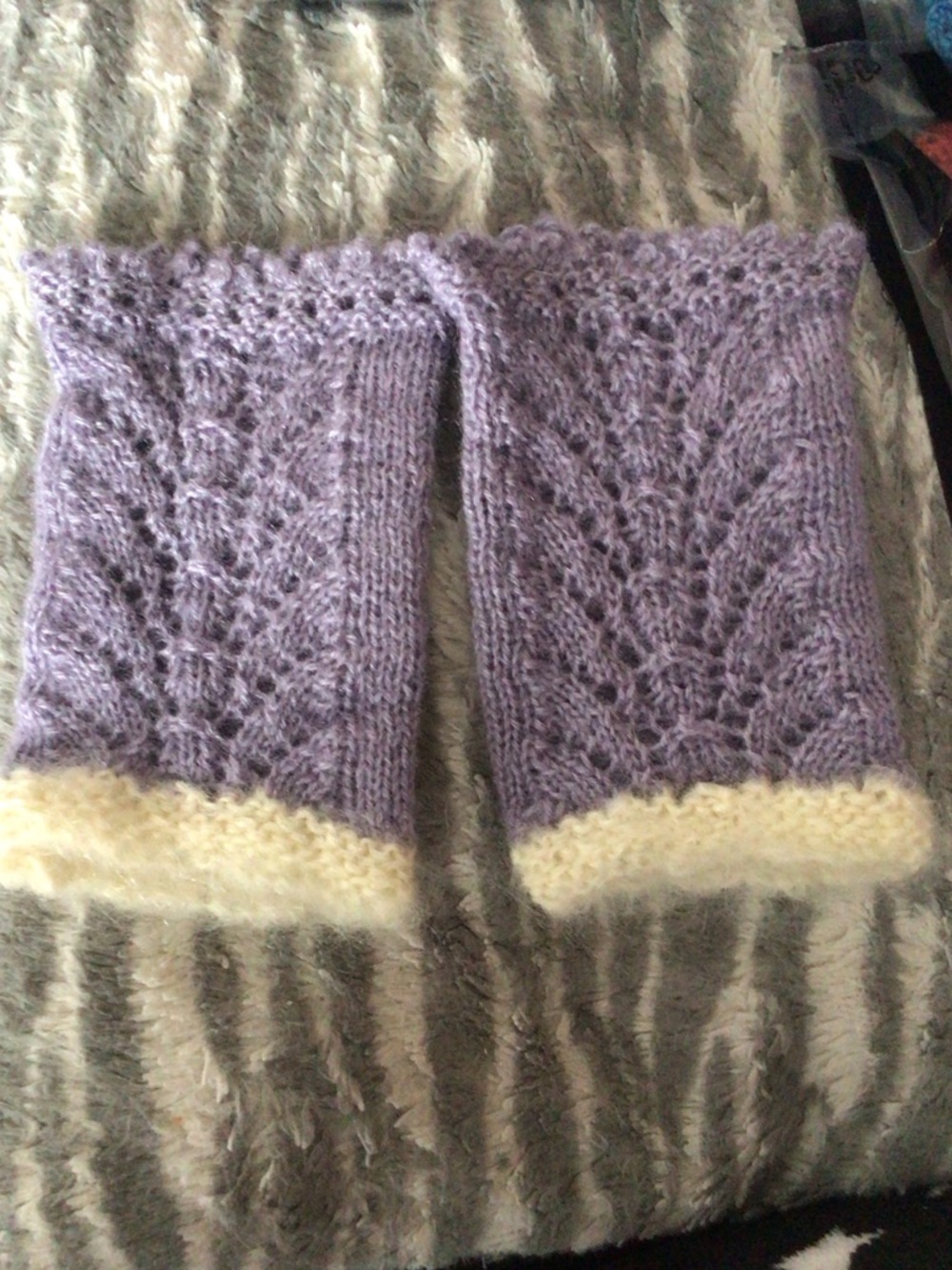 Hand-Knit Lavender Fingerless Gloves with Cream Trim